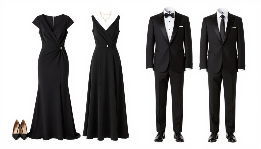 Collection of complete formal wedding guest outfit ideas for different dress codes