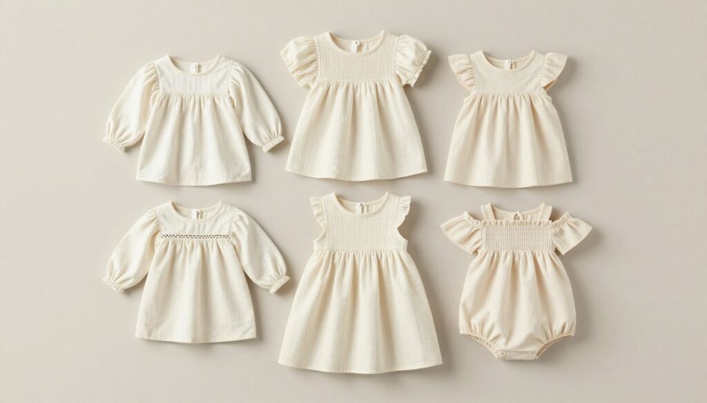 Collection of different babydoll styles showing various sleeve lengths and details