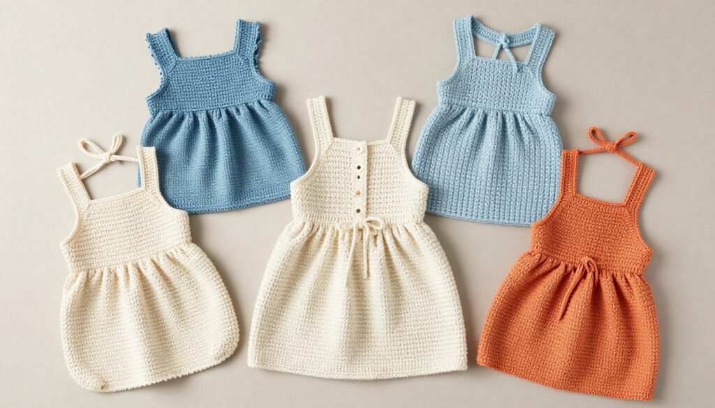 Collection of different crochet babydoll top styles in various colors and patterns