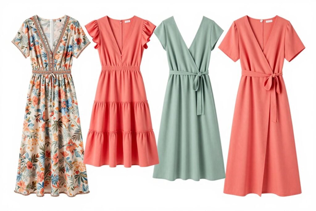 Collection of different long summer dress styles including maxi, tiered, and wrap designs