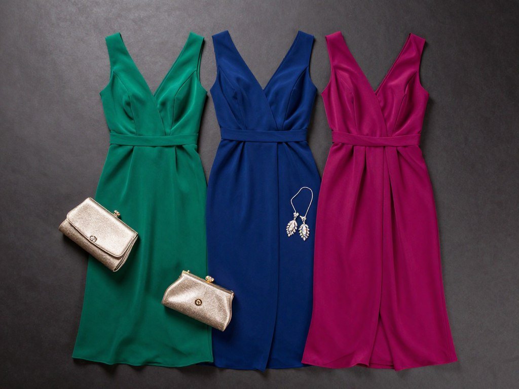 Collection of dresses in jewel tones suitable for evening summer weddings