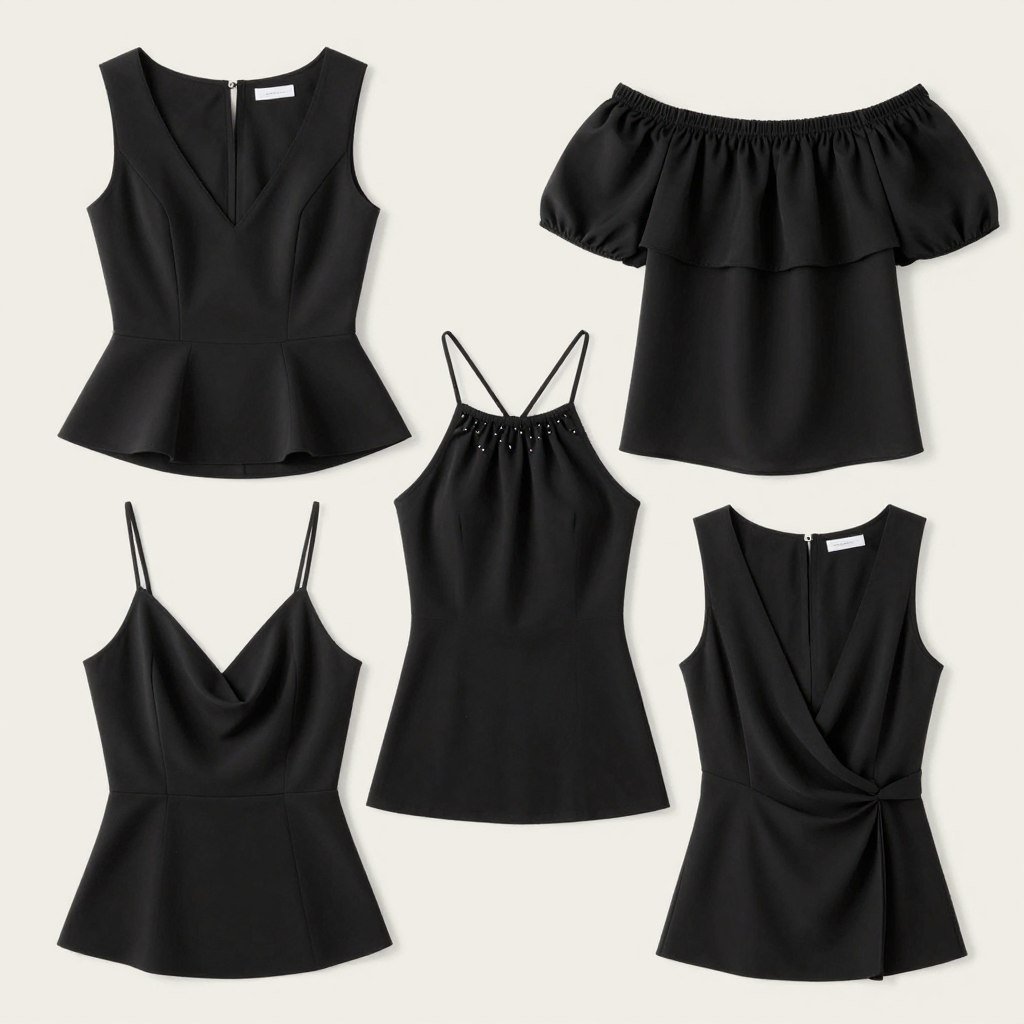 Collection of elegant black tops suitable for wedding guest separates