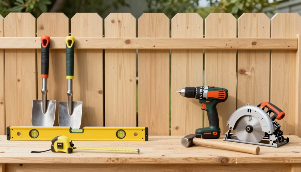 Collection of essential tools needed for building a DIY privacy fence on a budget