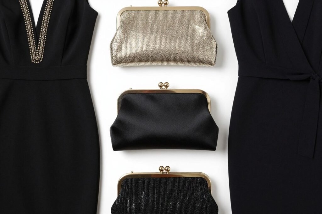 Collection of evening clutches in different textures paired with black dress