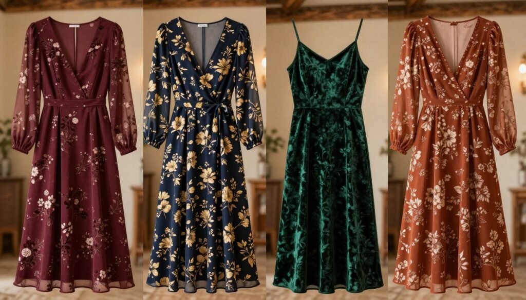 Collection of fall-appropriate floral wedding guest dresses featuring rich colors and heavier fabrics