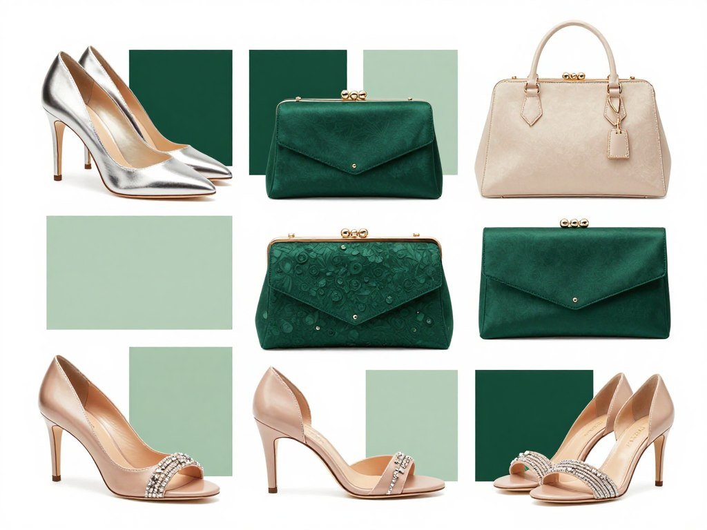 Collection of footwear and bags styled with green dress swatches