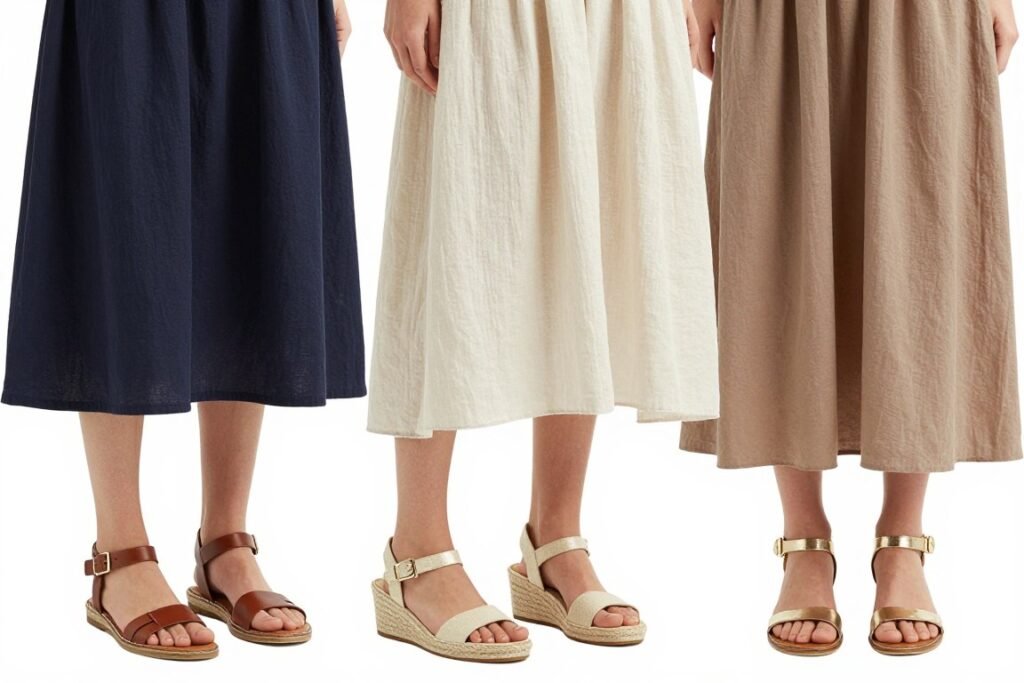 Collection of footwear options paired with long summer dresses