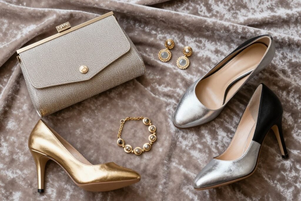 Collection of formal accessories including clutch, heels, and jewelry for formal wedding guest attire