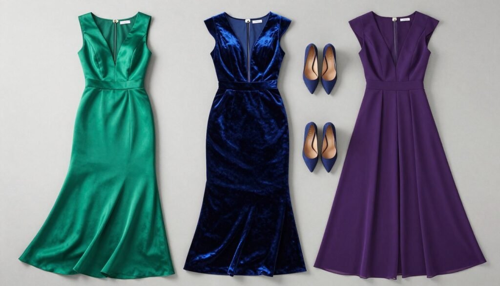 Collection of jewel-toned dresses suitable for black tie optional wedding guests