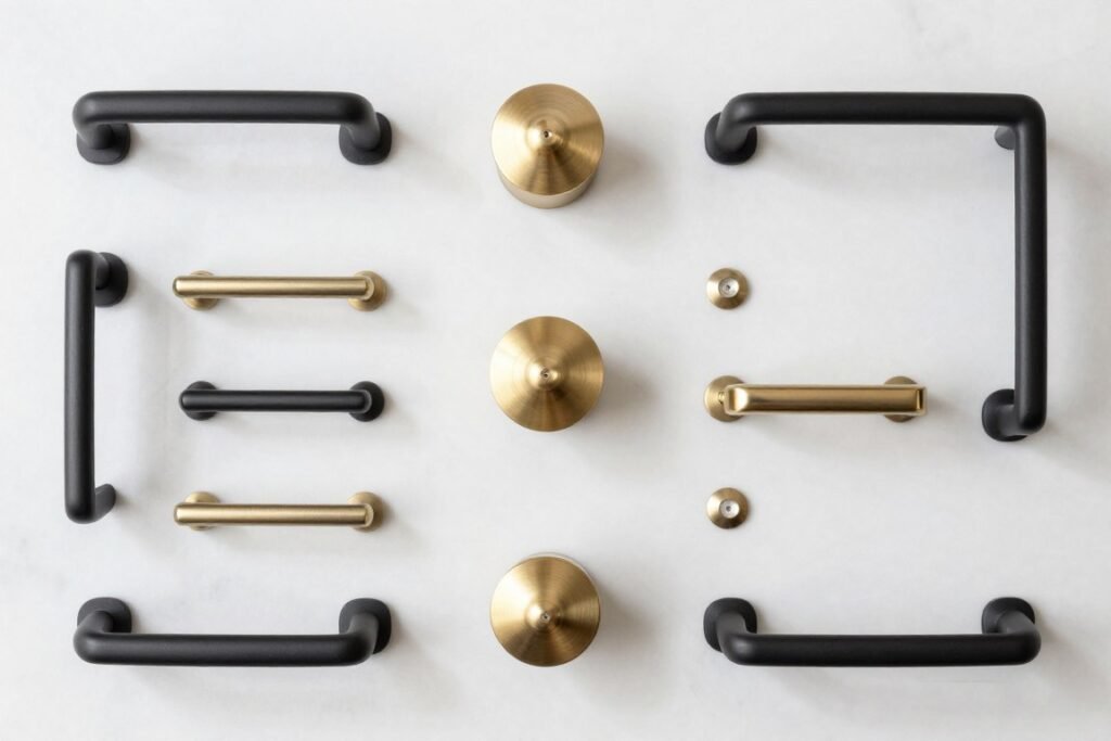 Collection of modern cabinet hardware options in different finishes