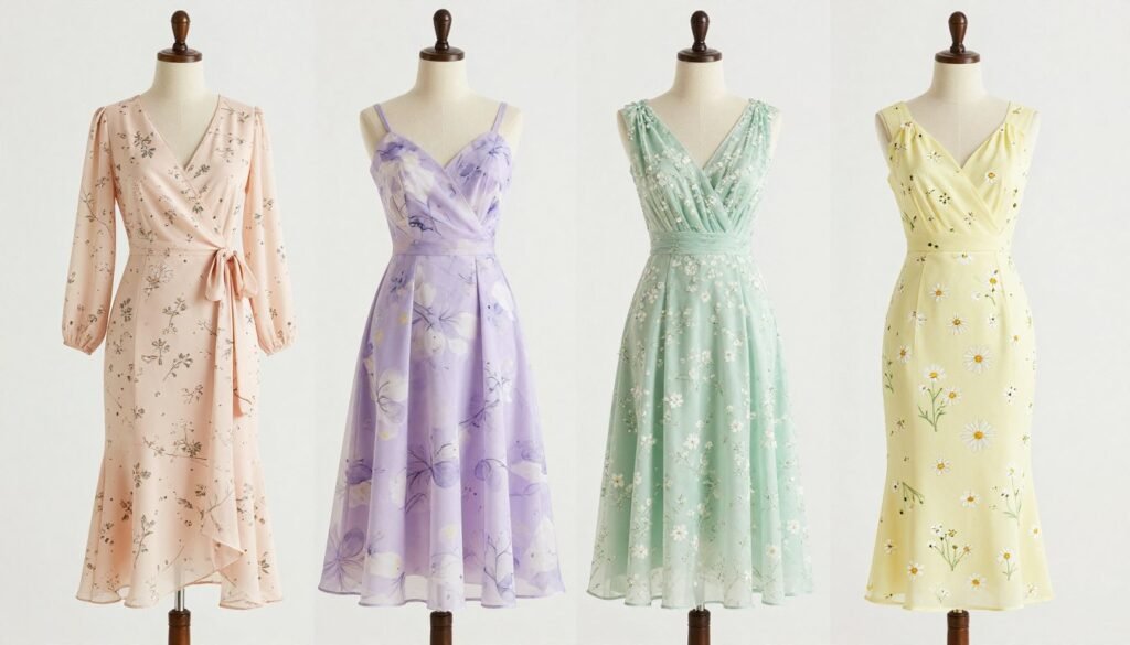 Collection of spring-appropriate floral wedding guest dresses featuring pastel colors and delicate prints