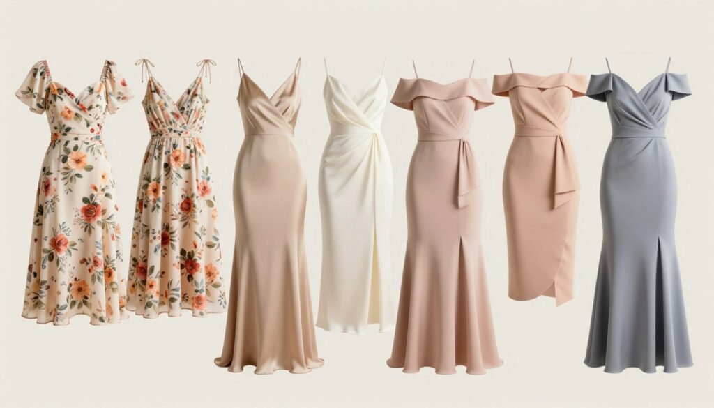 Collection of summer wedding guest dresses in various styles, colors and lengths arranged beautifully