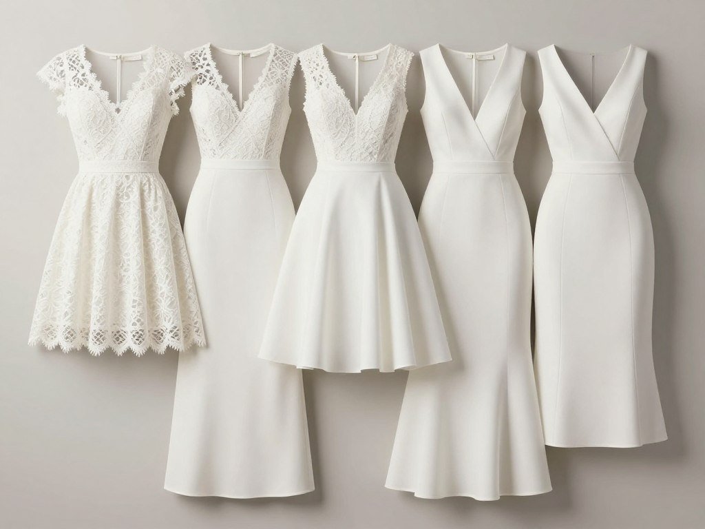 Collection of white graduation dresses in various styles from mini to midi length
