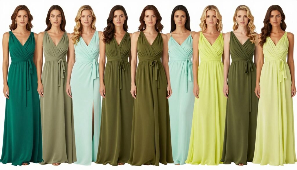 Collection of women in various green wedding guest dresses