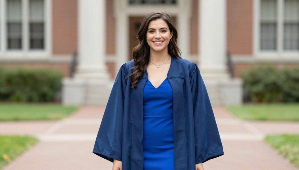 College graduate in a vibrant blue graduation dress under her gown