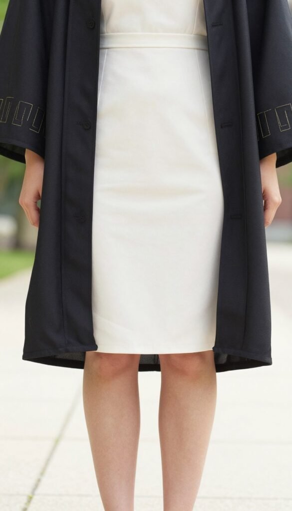 College graduate showing how a dress appears beneath graduation gown