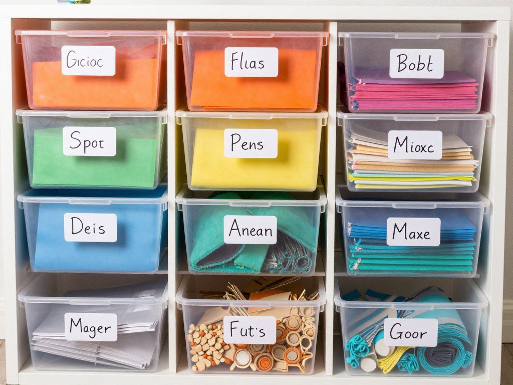 Color-coded craft supply organization system with labeled bins and drawers