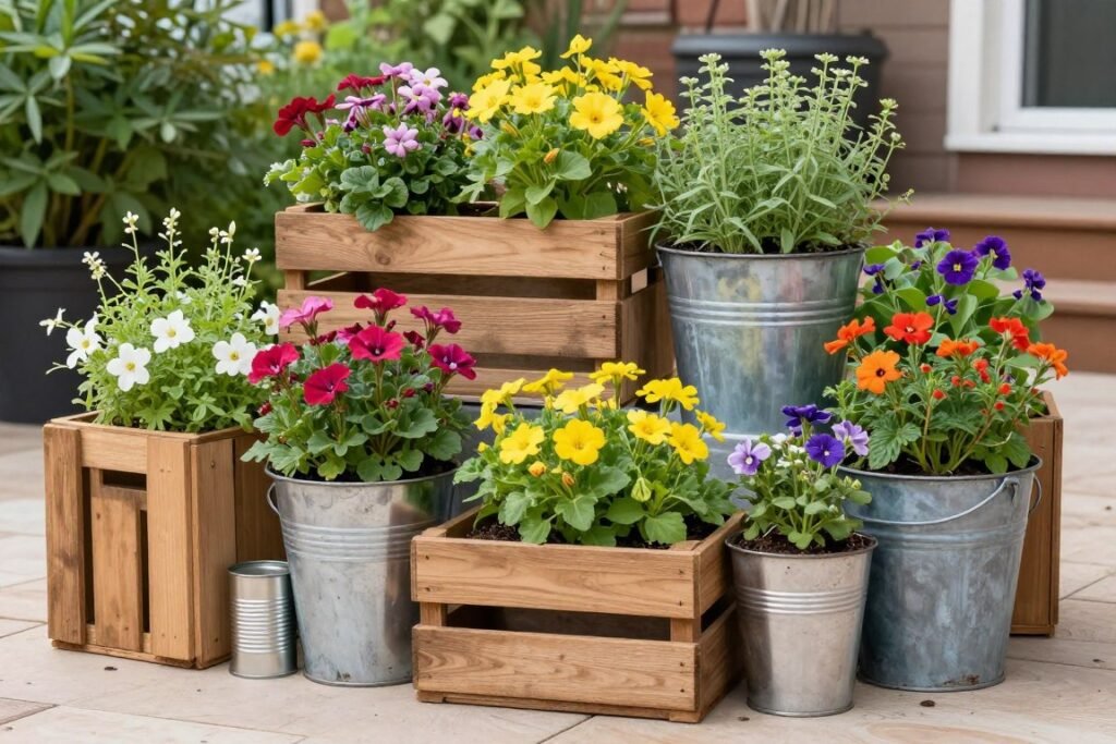 Colorful container garden using repurposed items as planters