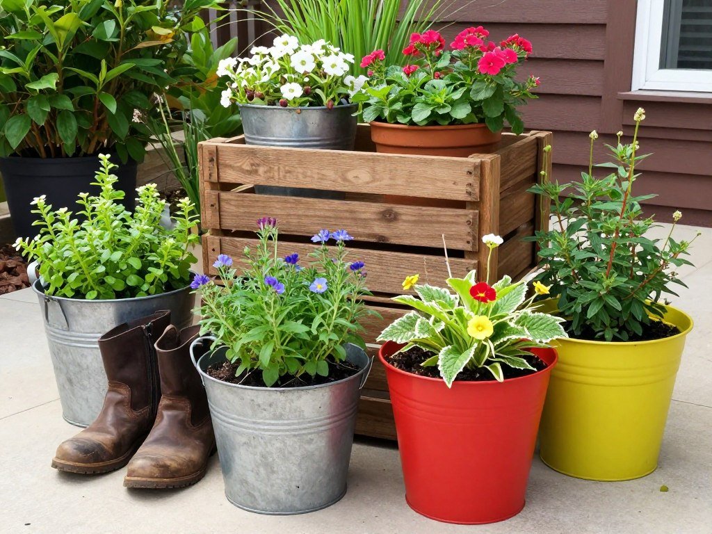 Colorful container garden using repurposed items like old boots and buckets, easy backyard ideas on a budget