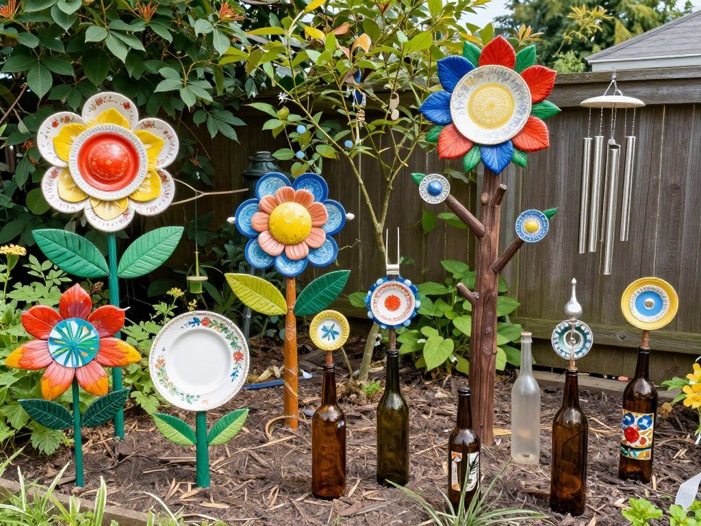 Colorful garden art made from repurposed items like old dishes and glass bottles, easy backyard ideas on a budget