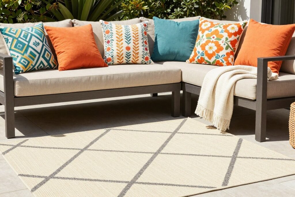 Colorful outdoor pillows and a throw blanket on patio furniture with a DIY painted drop cloth rug underneath