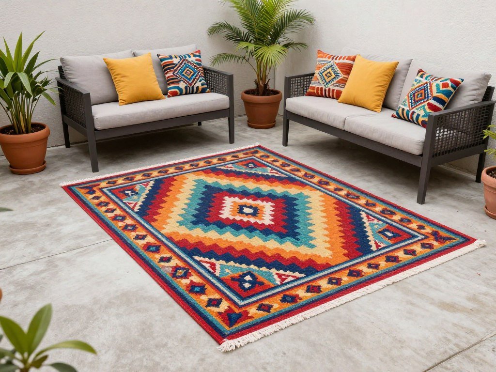 Colorful outdoor rug brightening up a budget patio space