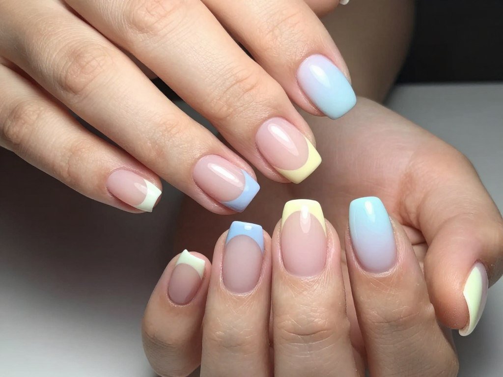 Colorful pastel French tip manicure in spring colors