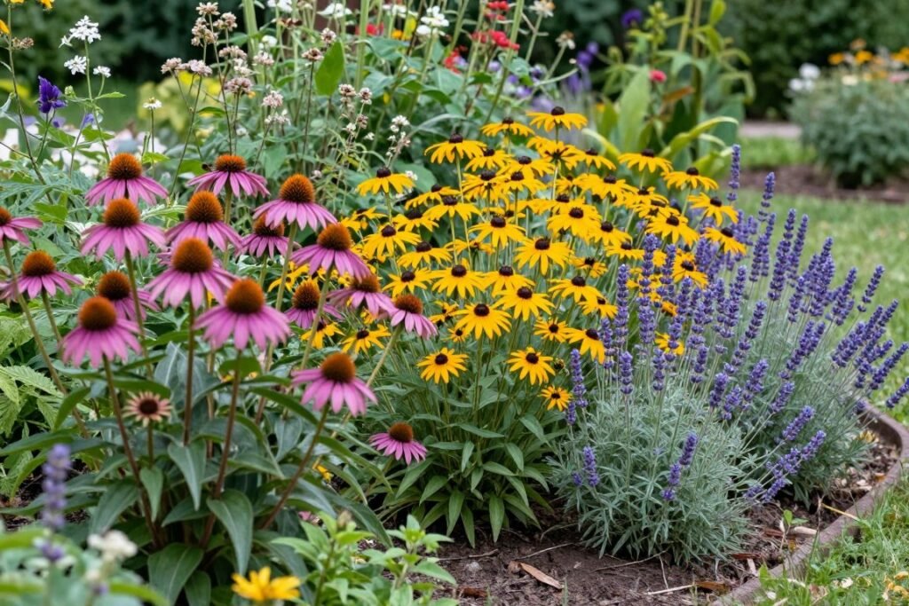 Colorful perennial garden with budget-friendly plants like coneflowers and black-eyed Susans