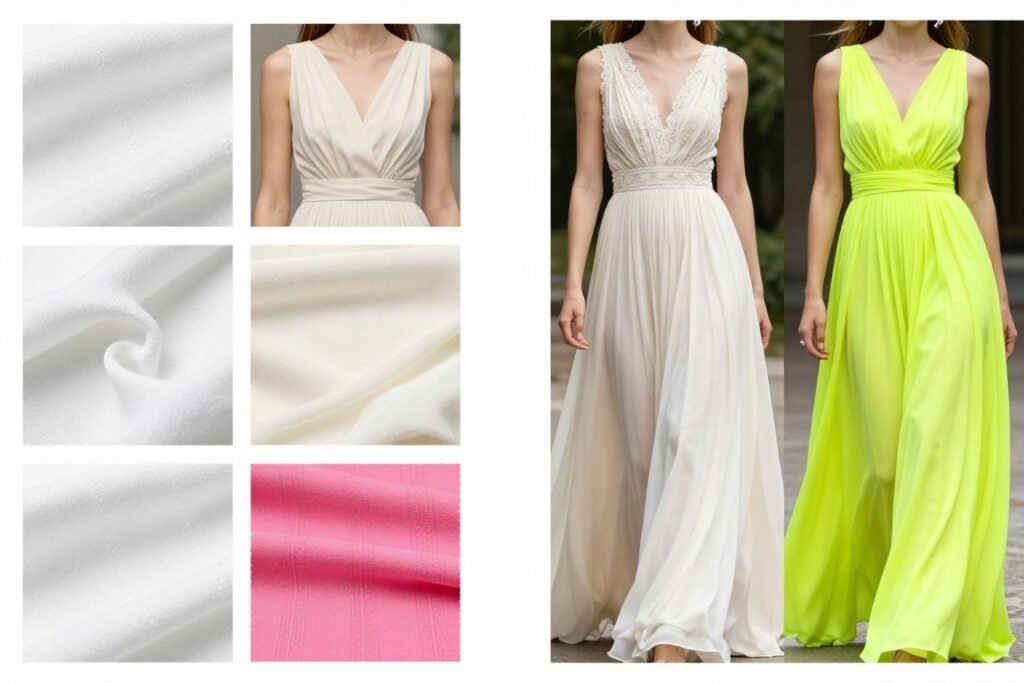 Colors to avoid for wedding guest outfits including white and overly bright colors