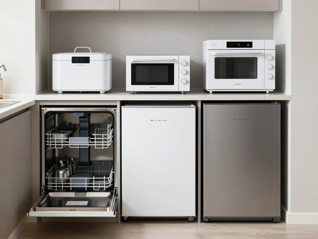 Compact kitchen appliances arranged in a small kitchen space