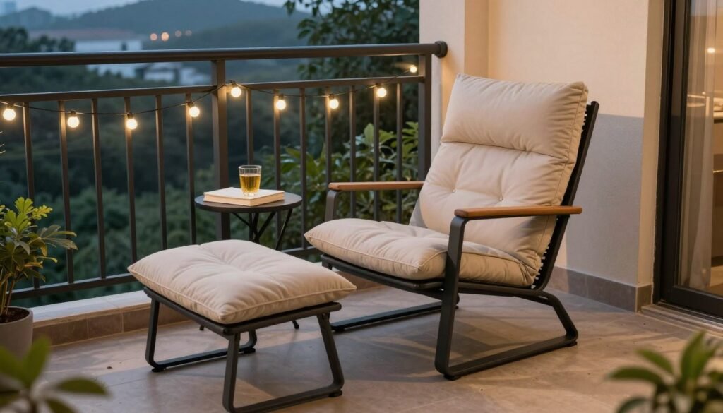 Compact lounge chair with ottoman on a small balcony