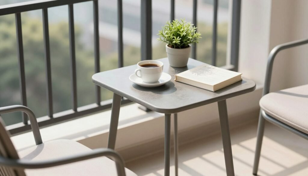Compact side table with drinks and plants on a balcony