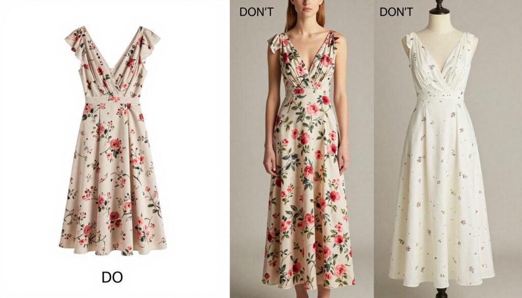Comparison of appropriate vs inappropriate floral dresses for wedding guests, showing dos and don'ts
