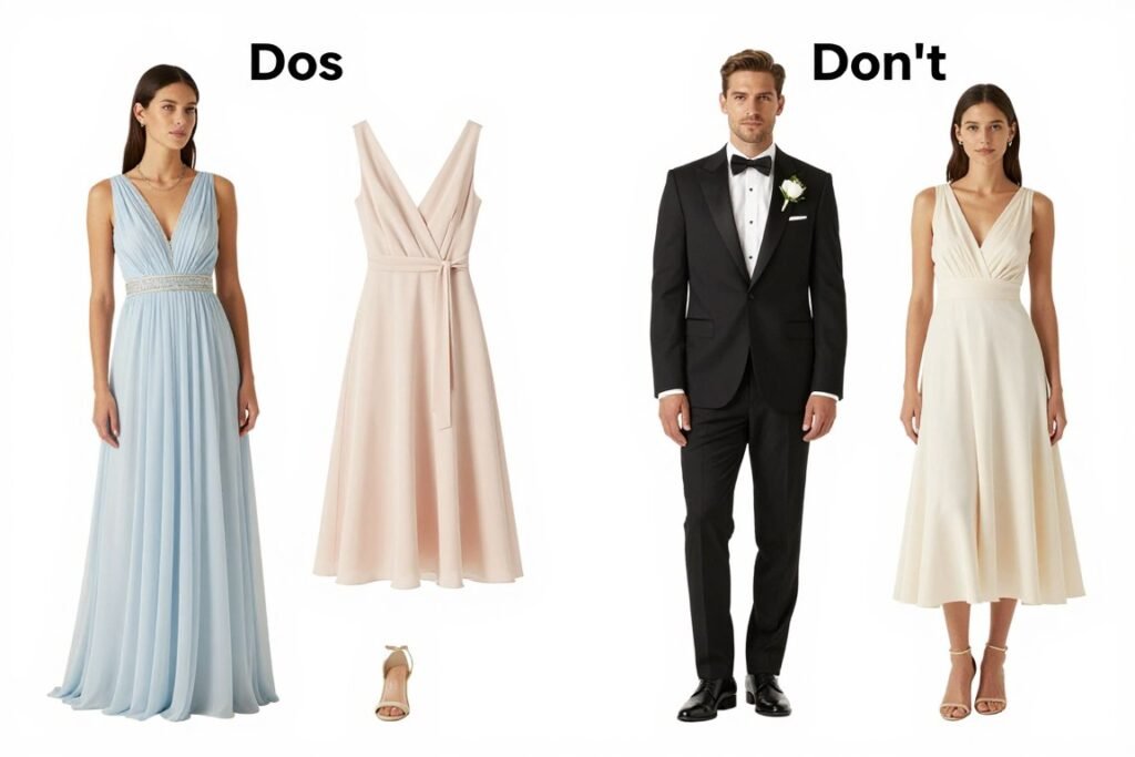 Comparison of appropriate vs inappropriate spring wedding guest attire Comparison of appropriate vs inappropriate spring wedding guest attire