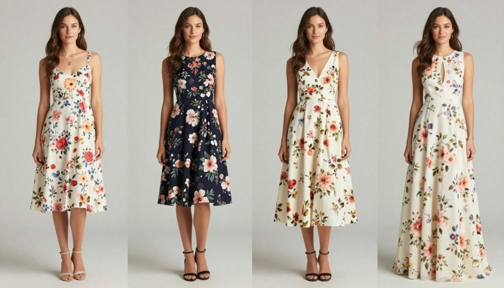 Comparison of four floral dresses appropriate for different wedding dress codes from casual to formal