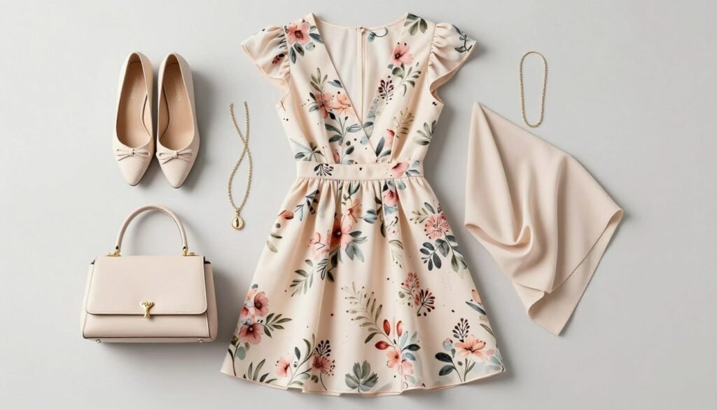 Complete spring wedding guest outfit with dress and coordinated accessories Complete spring wedding guest outfit with dress and coordinated accessories