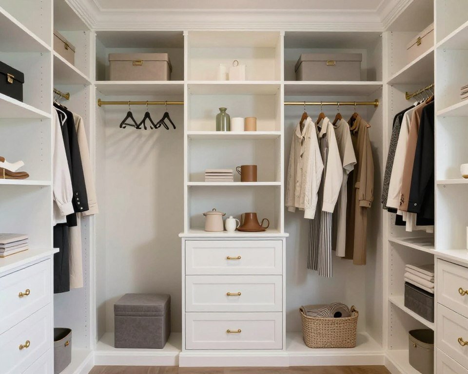 Completed DIY walk in closet on a budget with decorative elements and strategic color choices Completed DIY walk in closet on a budget with decorative elements and strategic color choices