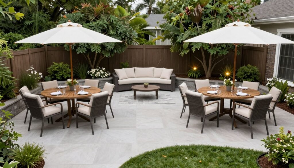 Completed budget-friendly backyard patio with multiple zones for dining, lounging, and gathering