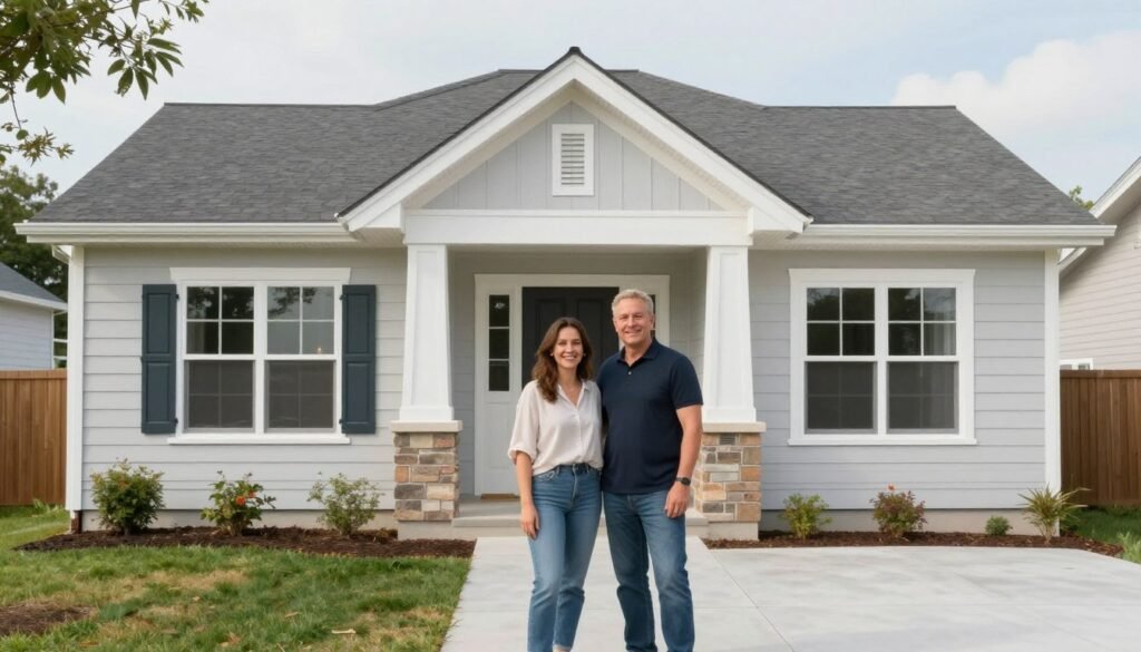 Completed budget-friendly home with proud owners standing in front