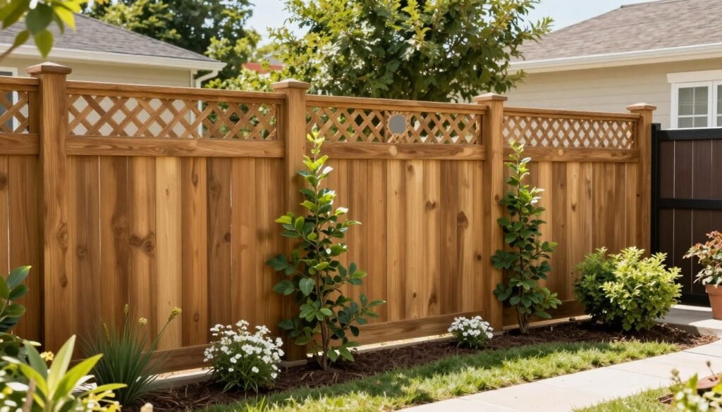 Completed budget-friendly privacy fence with decorative elements and landscaping