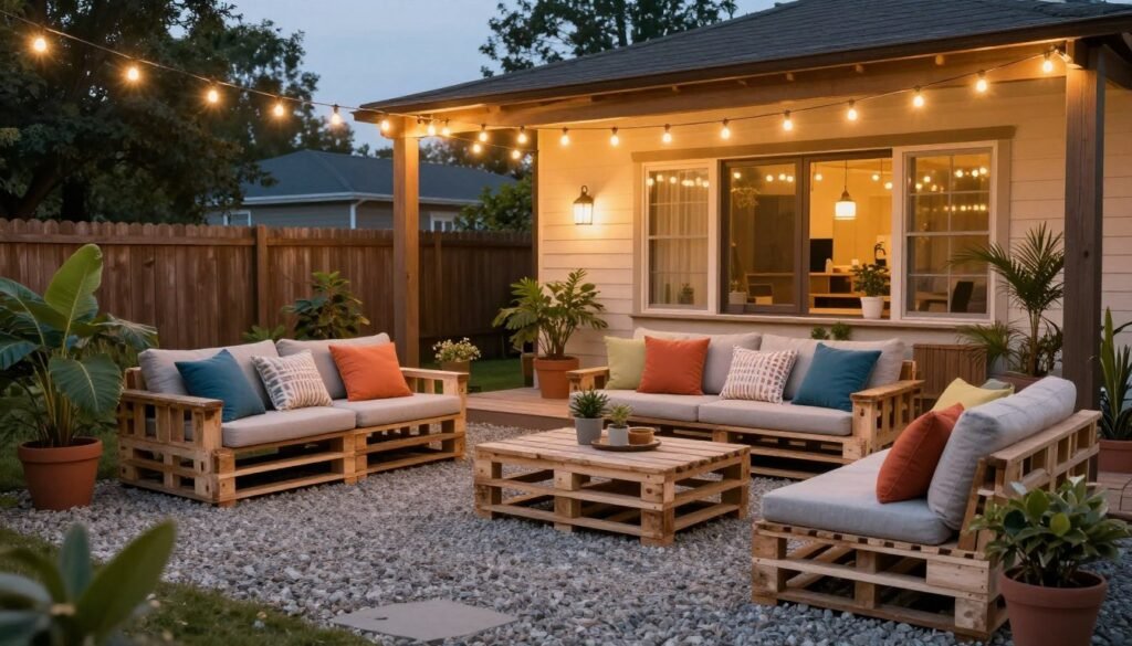 Completed budget patio with multiple DIY elements showing final result