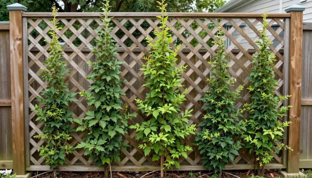 Completed lattice privacy fence with climbing plants creating an affordable DIY privacy solution