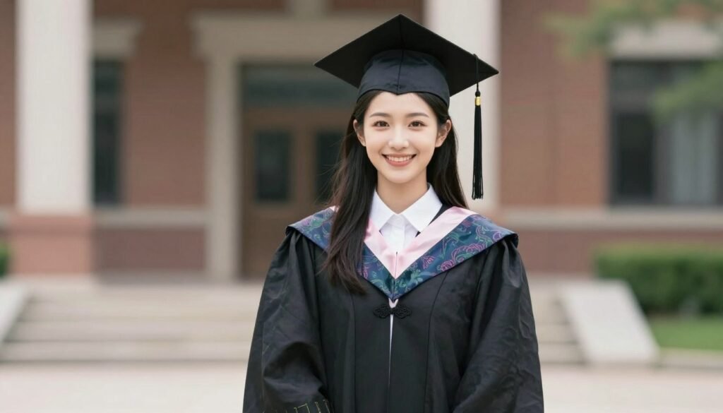Confident high school graduate in a beautiful graduation dress celebrating achievement