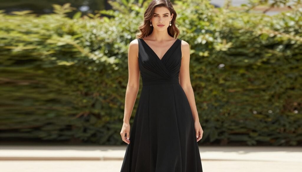 Confident woman in perfect black tie wedding guest dress for summer event