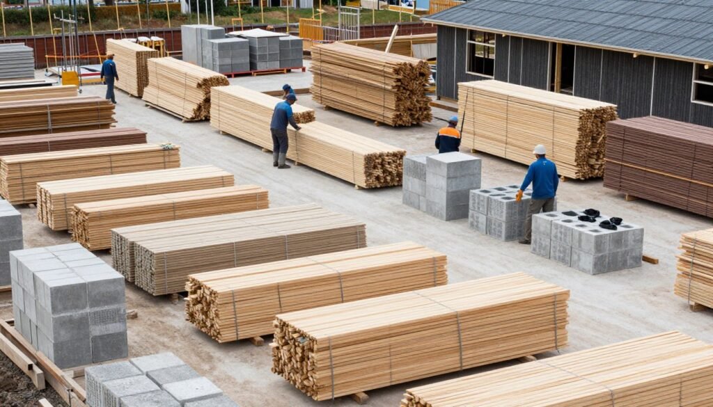 Construction site with affordable building materials organized efficiently