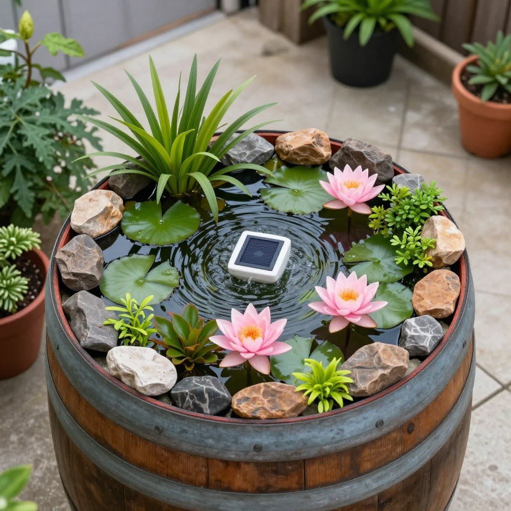 Container water garden with water plants in a half barrel in a small backyard