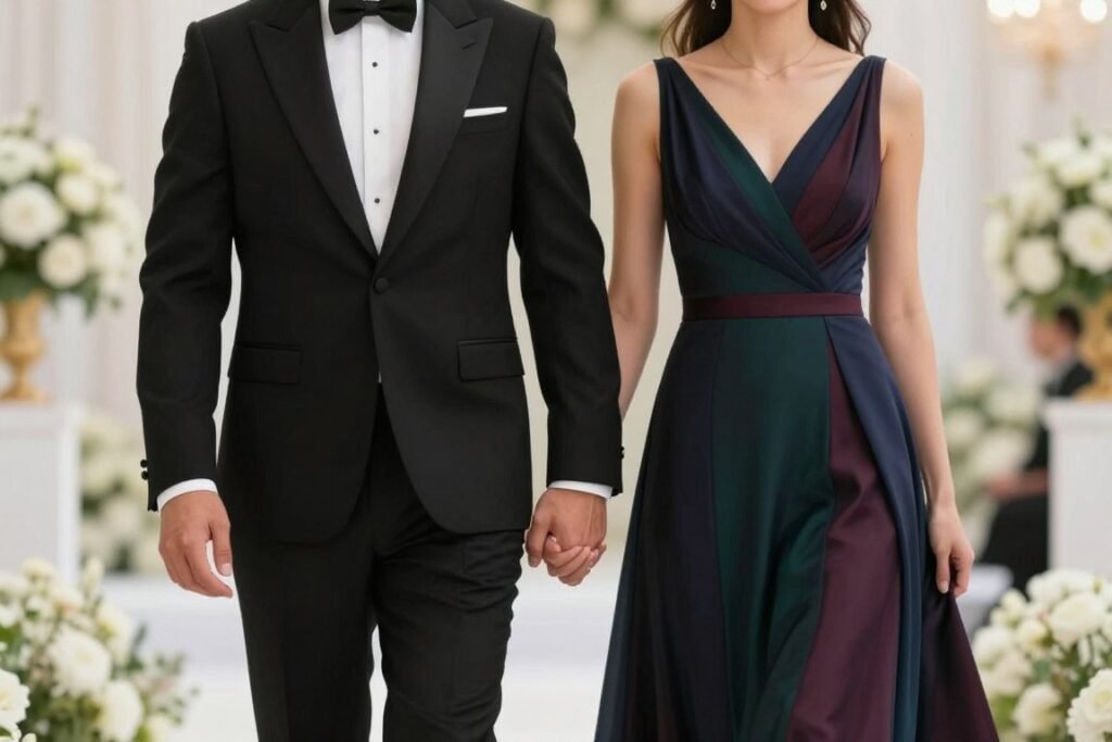 Couple dressed in black tie wedding attire