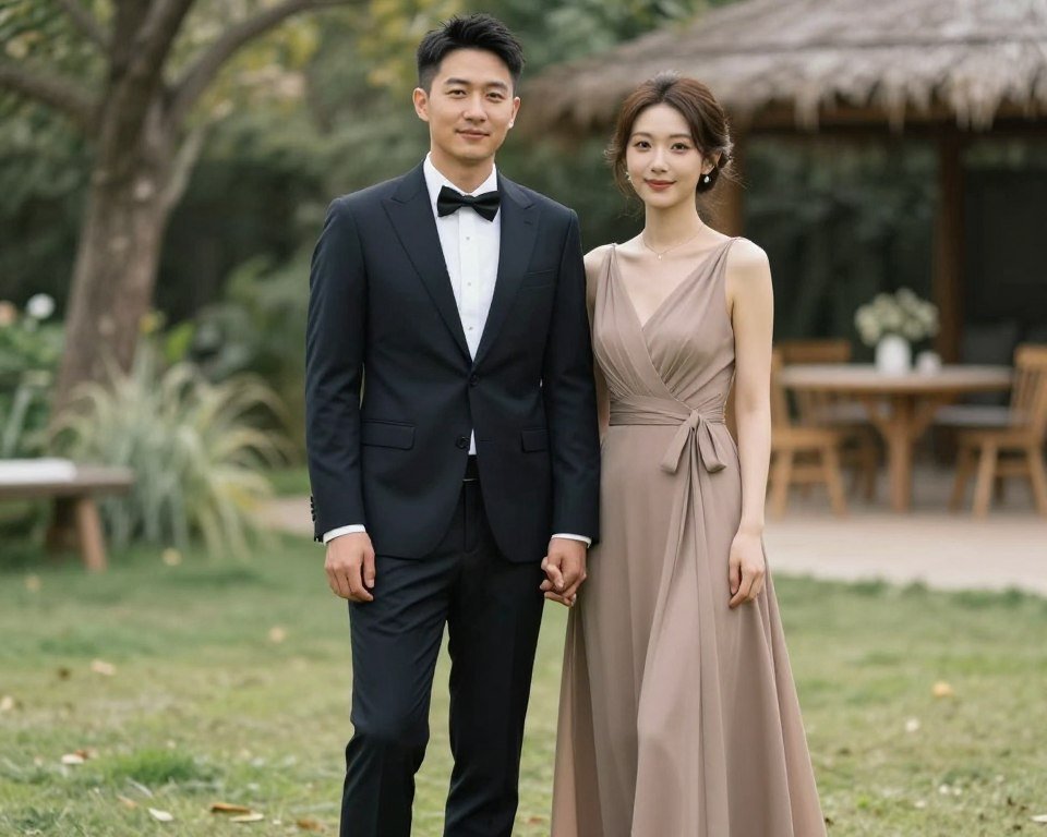 Couple in seasonal formal wedding guest attire at an outdoor venue