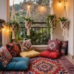 30+ Creative Balcony Decor Ideas to Transform Your Outdoor Space Cozy bohemian balcony with floor cushions, macrame plant hangers, and string lights
