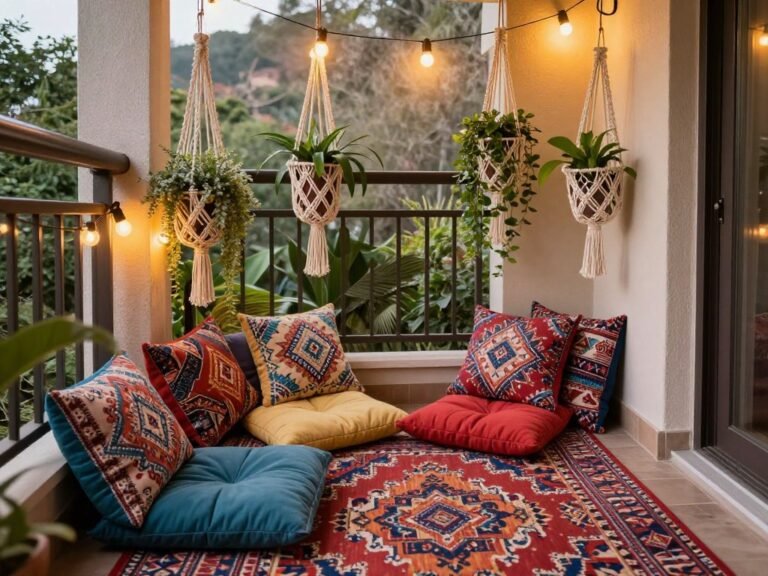Cozy bohemian balcony with floor cushions, macrame plant hangers, and string lights
